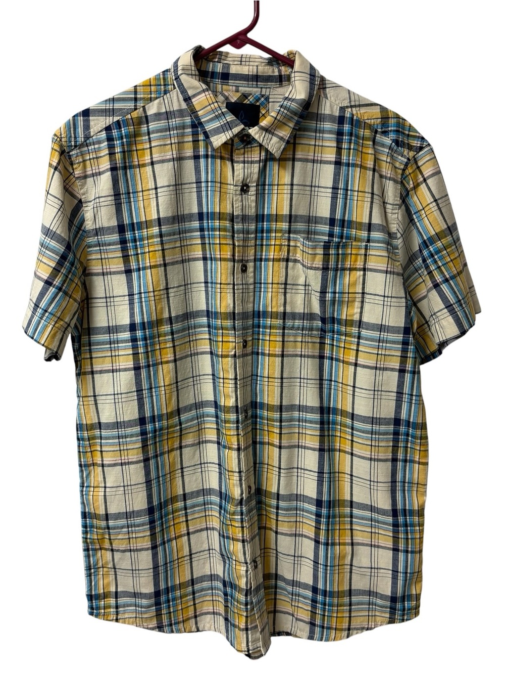 PrAna Madras Plaid Benton Short Sleeve Button Down Cotton Collard Shirt Large